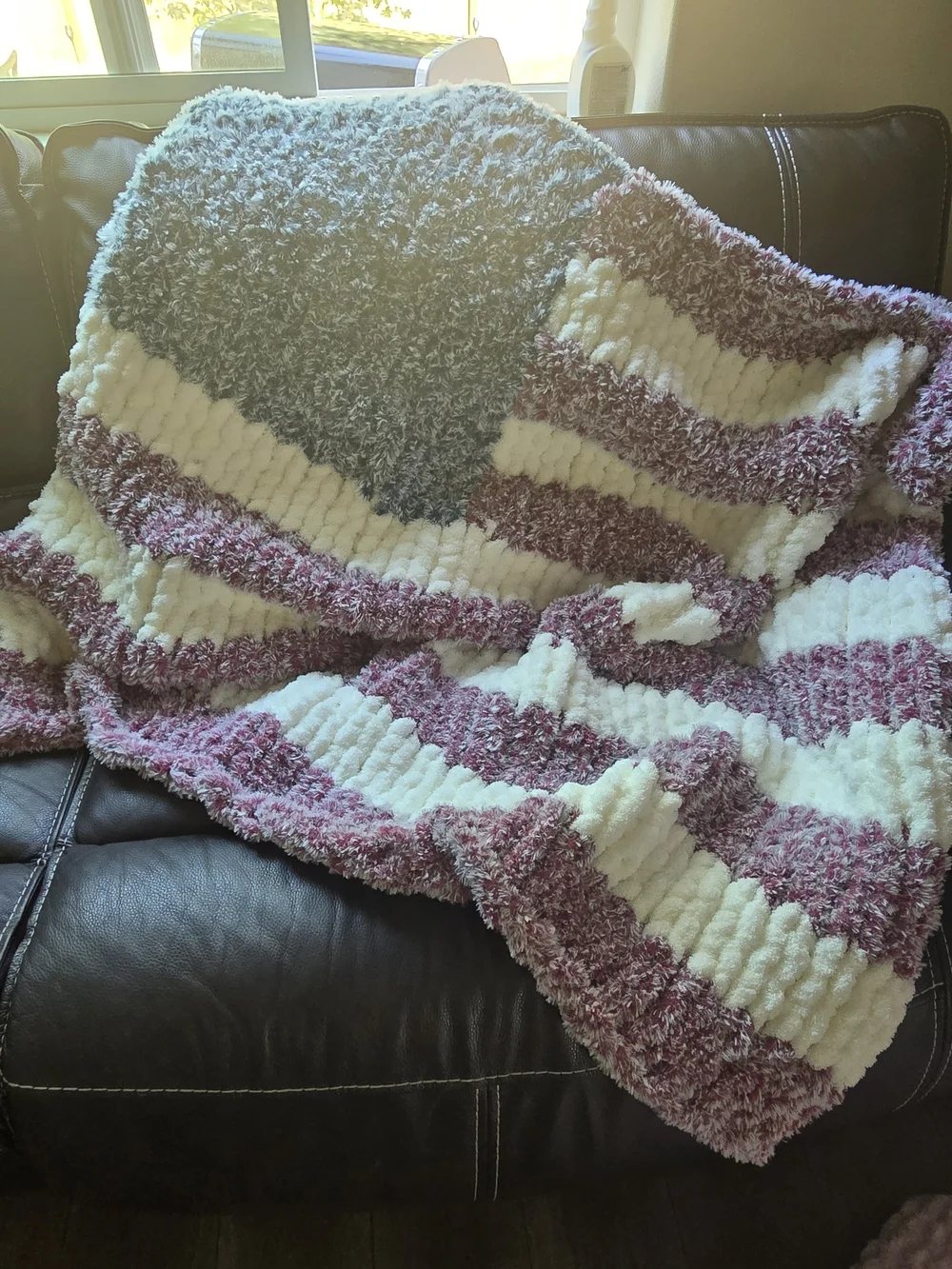 Hand Made Cozy Chenille Stripe Throw Blanket - Cream & Mauve